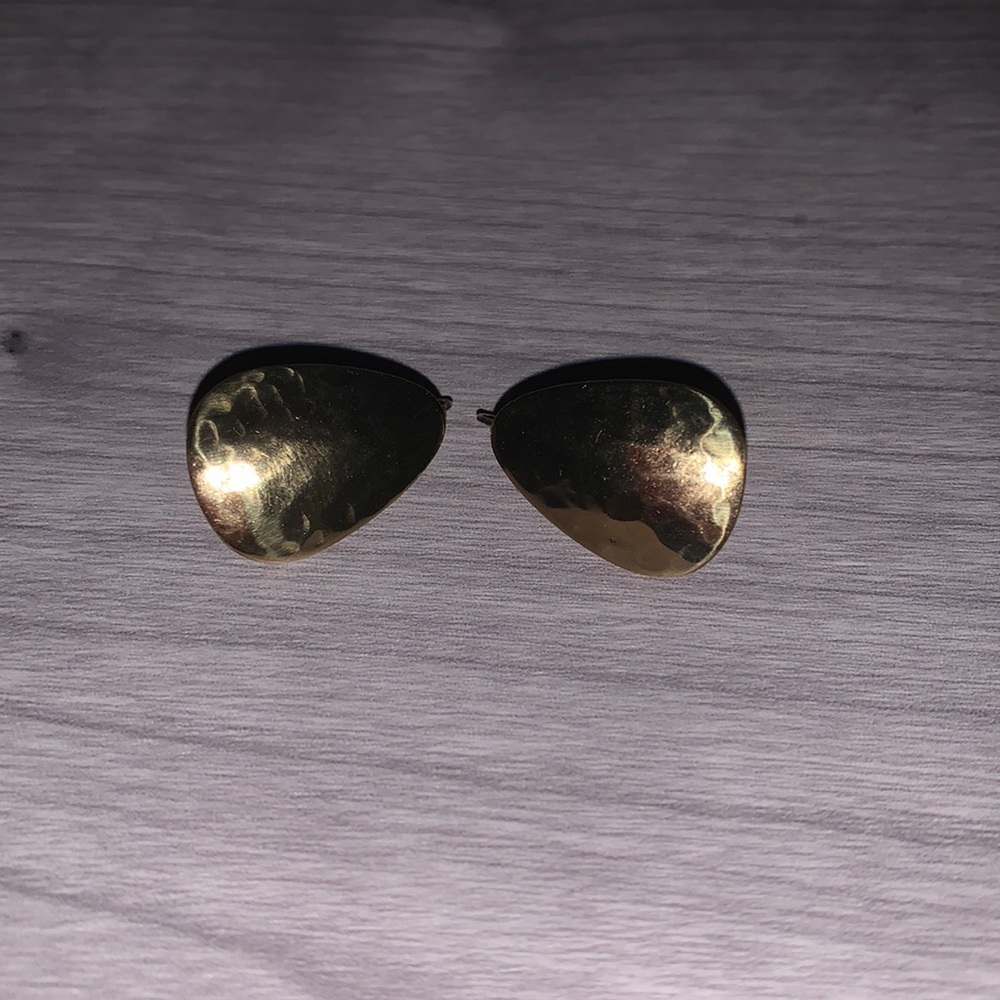 Pair of hammered gold earrings, teardrop style with attached hooks